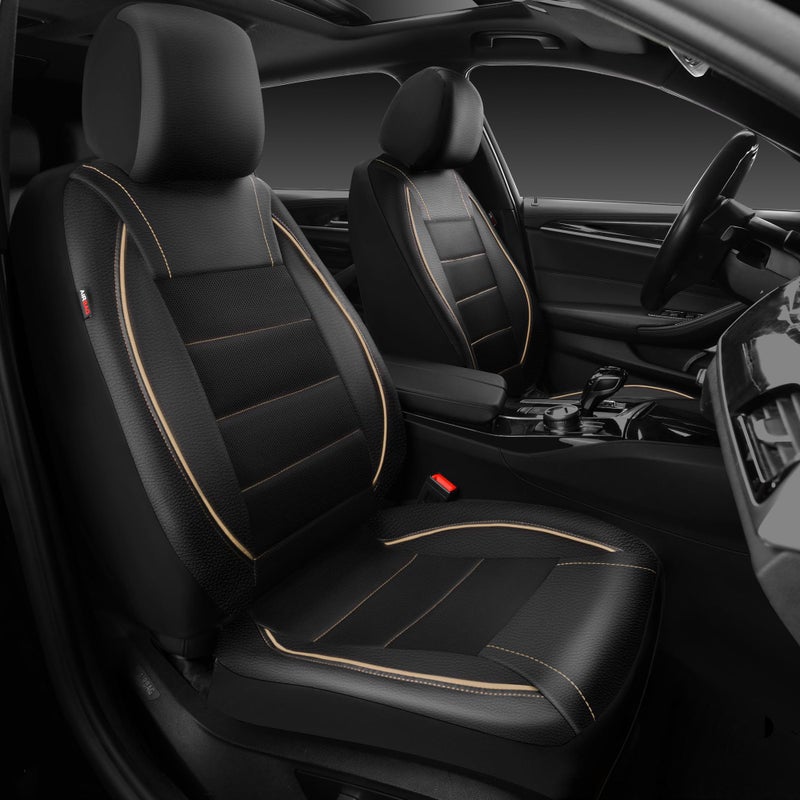 CAR PASS Universal FIT Piping Leather Two Front Seat Covers  Waterproof Faux Leather for SUV Sedan Van Truck  Airbag Compatible Reserved Opening Holes for Headrest Covers. (Black and Beige) - Image 1